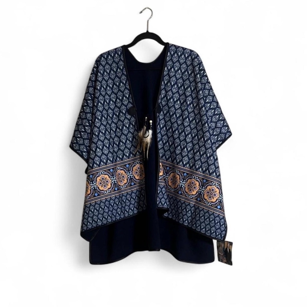 Reversible Poncho Sz OS Blue/ Orange Geometric Print Fleece Closet Staple